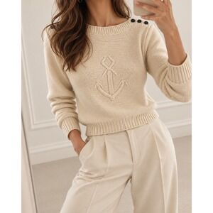Les Petites Wool Sweater Womens S Cream Boat Neck Anchor Buttons Vintage Style